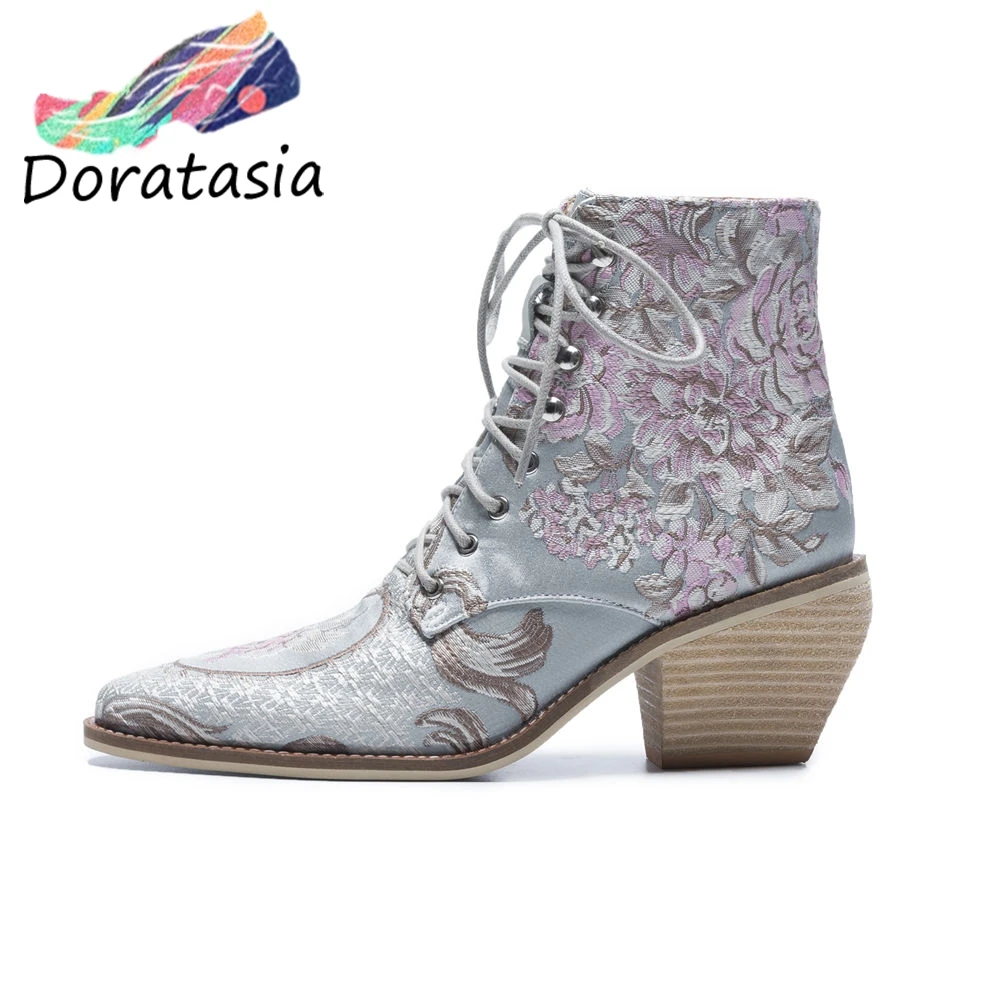 

Women's Brand quality Embroidered big size 43 ankle boots women shoes silk chunky high heels chelsea boots female shoes woman