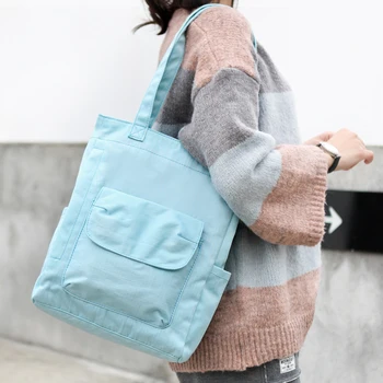 

New Waterproof Shoulder Women bag With Zipper Cotton Casual Canvas Student Bag Reusable Folding Girl Shopping Bag Female Handbag