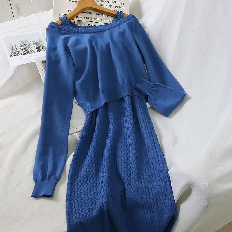 

2019 Women Autumn Winter Two Piece Set Knitted Sweater Dress Tank Sweater Dress Suit Knit 2 Piece Dress Elegant Dress