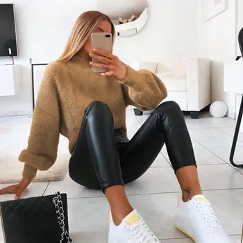 

2019 Women Warm Autumn Winter Fashion Sweater Casual Loose Pullover Half-high Collar Knit Shirt Puff Sleeve Knit Sweater