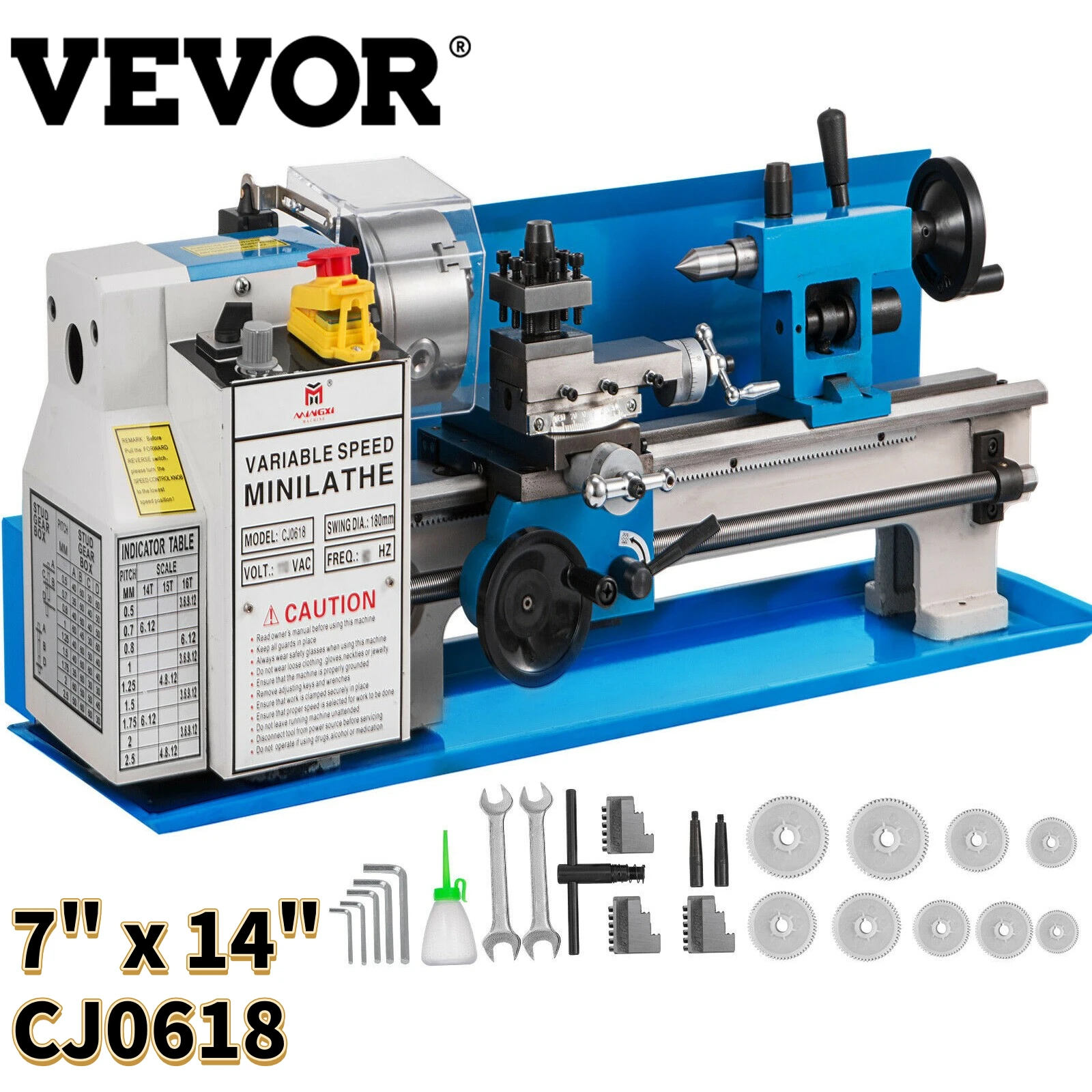 Мини-токарный станок VEVOR CJ0618 7x14 дюймов 550 Вт переменная скорость 0-2250 об/мин с