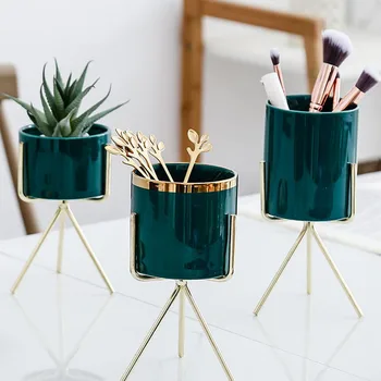 

Nordic Multifunction Ceramic Iron Green Plant Pot Fruit Dessert Fork Spoon Cosmetic Pencil Storage Jar Home Decoration Gift