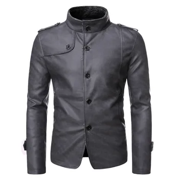 

2020 Winter Men's Velvet Stand Collar Casual Fashion Leather Youth Epaulet Stitching Gray Warm PU Leather Jacket