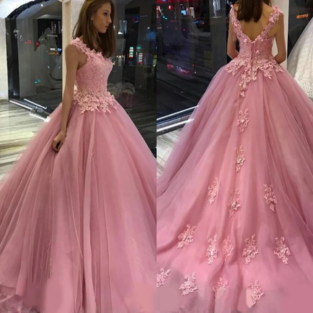 

Изысканное бальное платье vestido de noiva, розовое Тюлевое кружевное платье с бусинами и аппликацией на бретельках, Длинные пышные платья Quinceanera