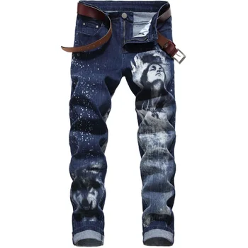 

Autumn and winter large size men's slim double-sided color printed stretch jeans beauty and wolf head print trousers snowflake w