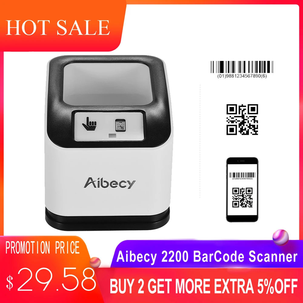 

Aibecy 2200 1D/2D/QR Bar Code Scanner CMOS Image Desktop Barcode Reader USB Barcode Scanner Omnidirectional Screen