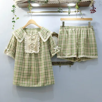 

Summer Ladies Pajamas Palace Style Short Pajamas Pajamas Short Sleeves + Shorts 2 Piece Set Plaid Bow Household Women's Wear