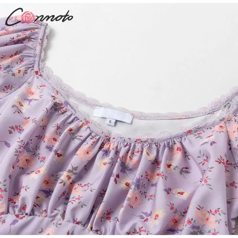 Conmoto puff split ruched vintage long dresses women lace patchwork straight sexy beach summer purple floral dress vestidos