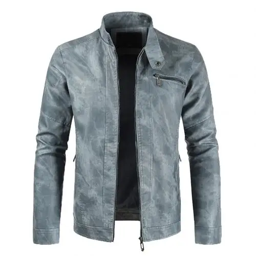 Light Blue Лидер продаж, осенняя мужская куртка, одноцветная кожаная куртка-бомбер со стоячим воротником, куртка erkek mon на молнии с длинным рукавом, пальто chaqueta hombre - Цвет: Light Blue