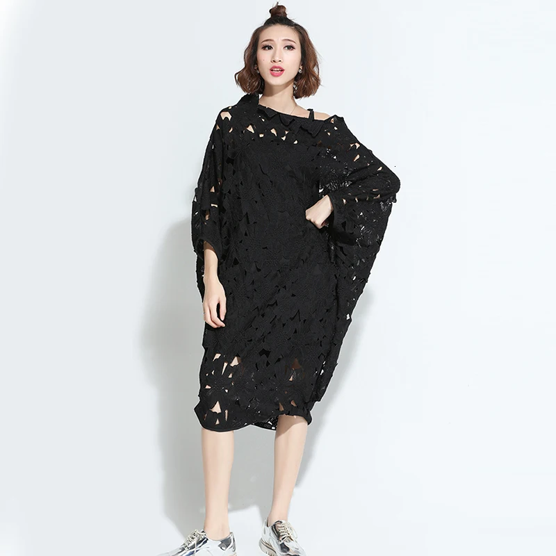 [EAM] Women Black Lace Hollow Out Two Piece Dress New Slash Neck Long Sleeve Loose Fit Fashion Tide Spring Autumn Q09101