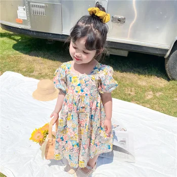 

Baby Girl's Summer New Style Cotton Vintage Floral Dress Children's Short-Sleeved Yellow Belt Cross Backless Flower Dress