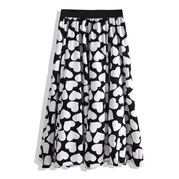

Korean Retro Fashion Black Skirt 2020 Falda Mujer Circle Heart Print Pleated Midi Skirts Womens Summer Elastic Waist Femme Skirt