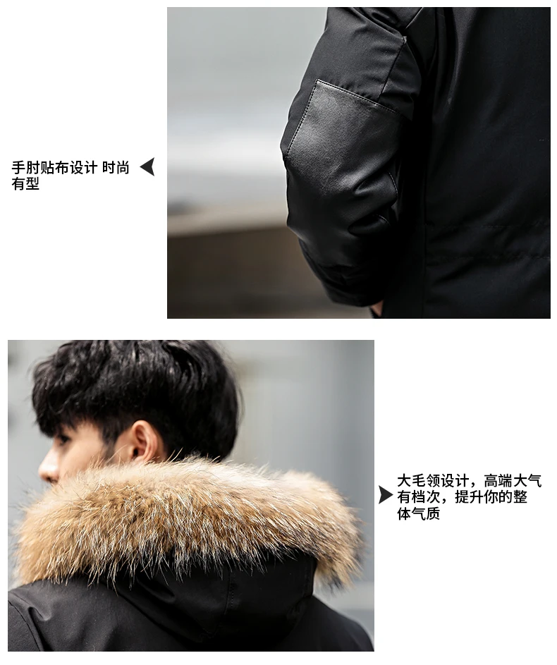 Зимний пуховик с воротником из кроличьего меха, мужское пальто, модное мужское теплое плотное пальто с капюшоном, удобное мужское однотонное пальто