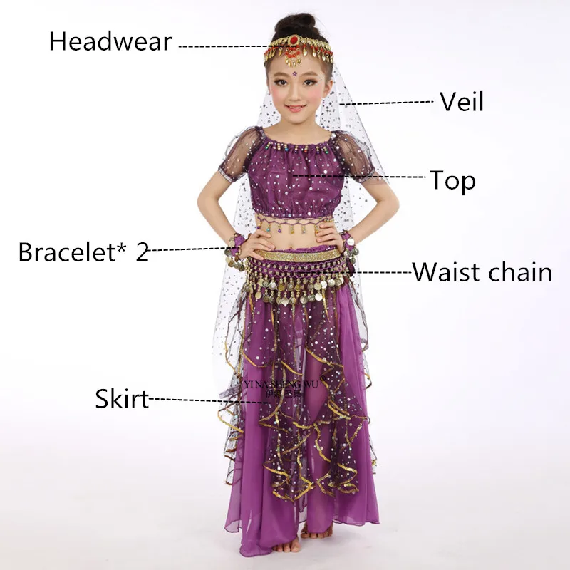 Purple 6pcs Стиль, Детский костюм для танца живота, костюмы для восточных танцев для девочек, одежда для танца живота, костюмы для индийских танцев, 6 шт. для детей - Цвет: Purple 6pcs