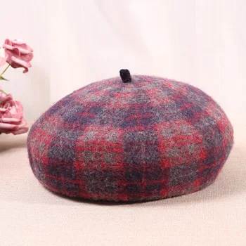 

Elegant Pure Woolen Two-color Lattice Fedora England Vintage Fall/Winter For Women French Beret Painter Cap Church Casual Wear