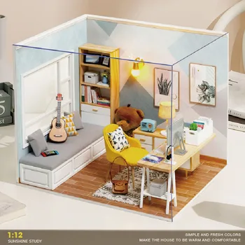 

1:12 Wooden DIY Hut Sunshine Study Doll House Hand-assembled Model Creative Birthday Gift Doll House Furniture Toys for Children
