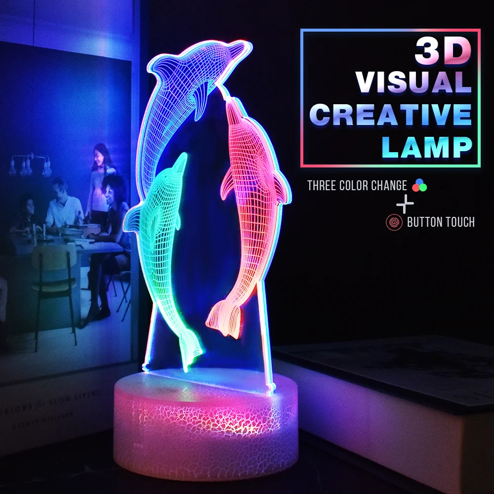 Children's Night Lights USB Rechargeable 3D Dolphin RGB Lamp Baby Room Decoration LED Indoor Novelty Lighting Personalized Gifts