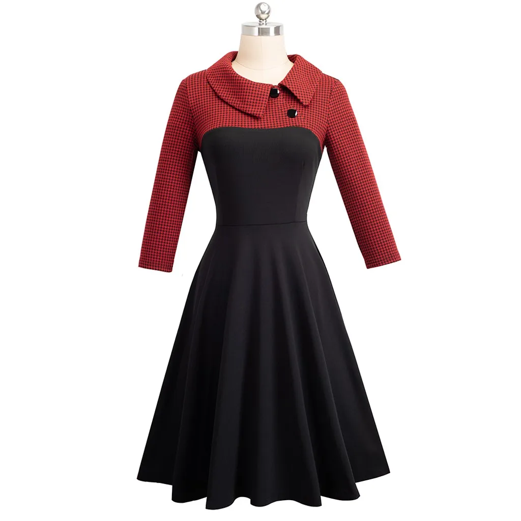 Vestidos ropa mujer, зимнее платье, женское платье с отворотом, рукав 3/4, церковный Алин, цветной блок, для работы, рождественское платье, вечерние, бодикон, официальное