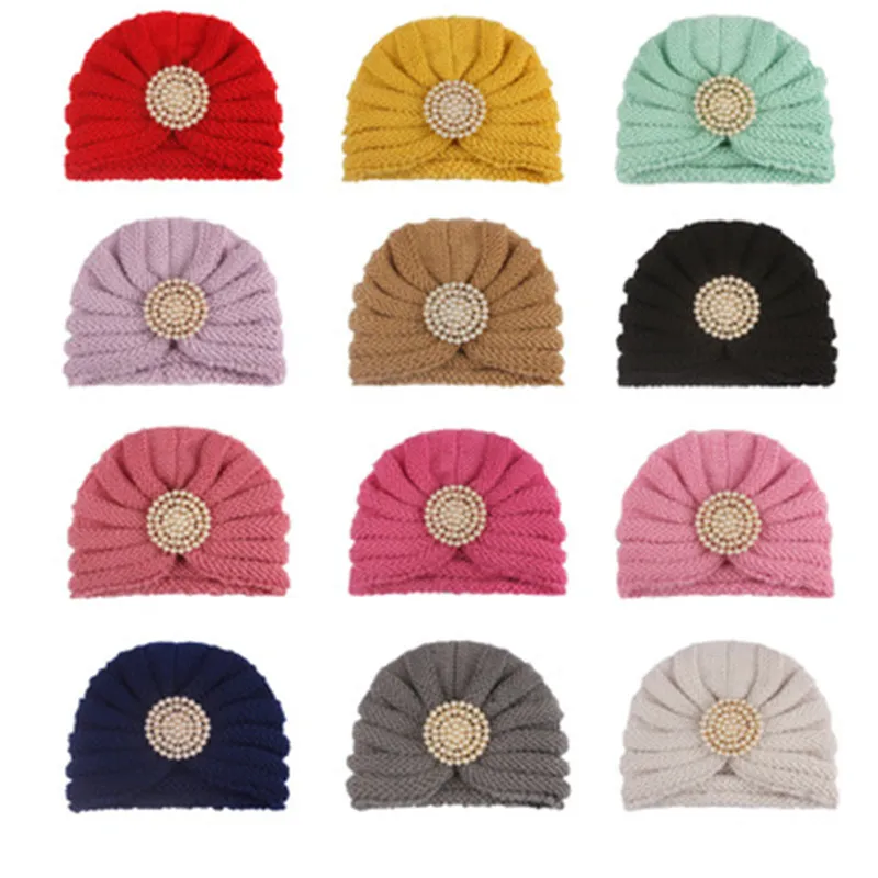 

Baby Knitted Hat, Pearl Wreath Woolen Cap Turban Hat Winter Cap for Boys and Grils