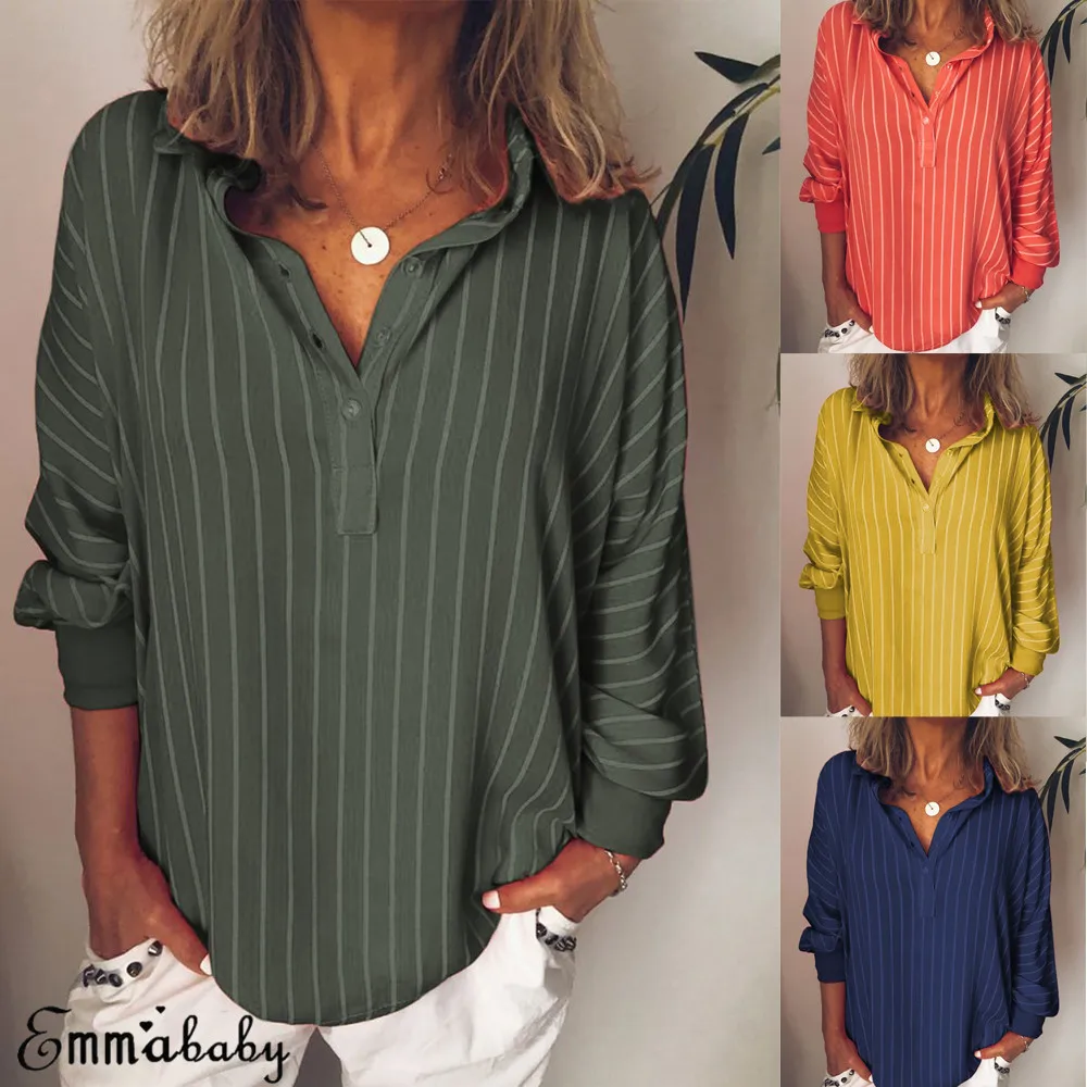 Лето Осень Женские блузки и рубашки полосатая рубашка с длинными рукавами длинные топы женские свободные блузки плюс размер L-5XL blusa feminina