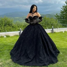 Robe De bal noire en dentelle avec des Appliques, ligne a, col licou, plumes, longueur au sol, robes De soirée formelles personnalisées 