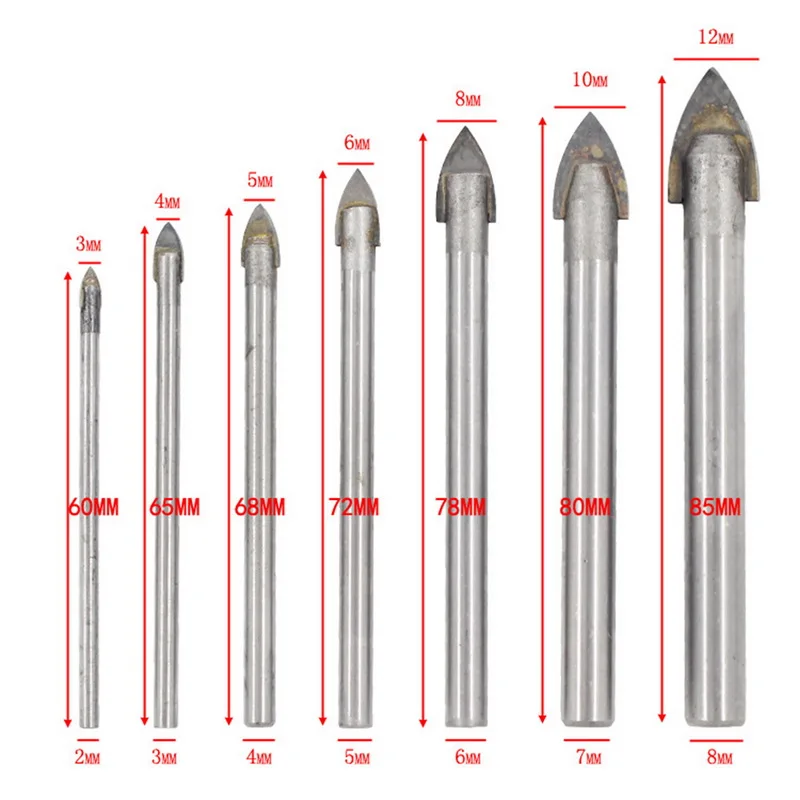 

7pcs 3/4/5/6/8/10/12mm Masonry Drilling Triangle Tip Glass Drill Set Tile Cermic Drill Bit Carbide Drill Bits