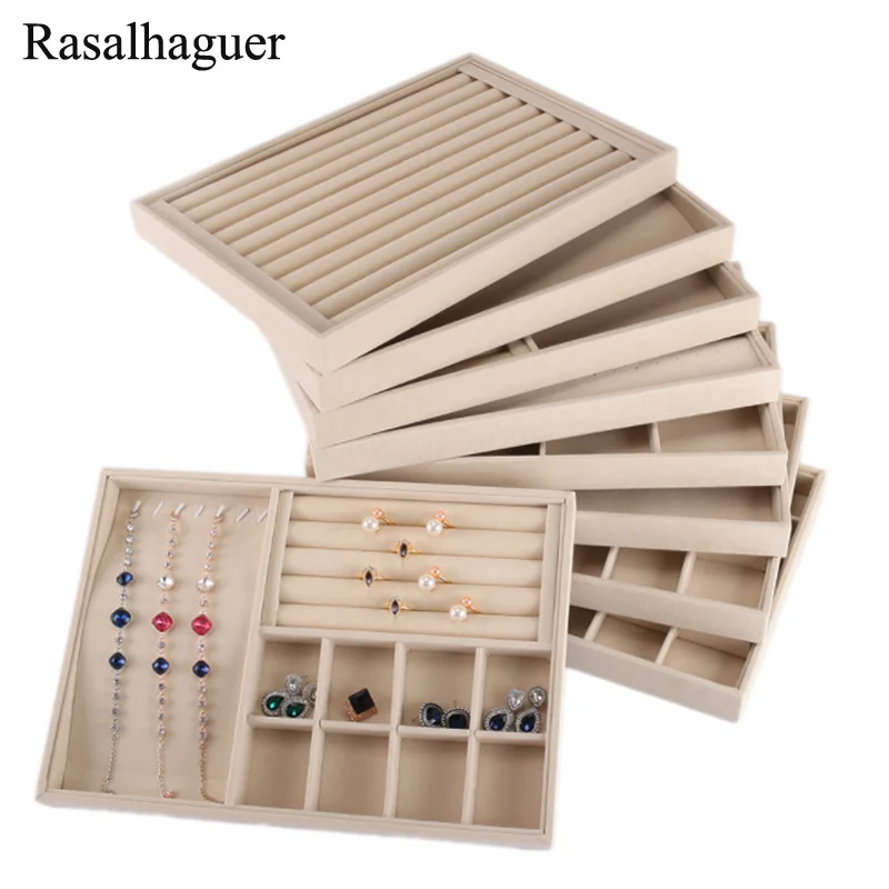 High Quality Beige Jewellery Storage Box Watch Holder Necklaces Rings Earrings Pendants  Women Stand Series Velvet Jewelry Tray new suede nap fabric and wrapped velvet jewellery tray rings box earrings case necklaces storage pendats holder bracelets stand