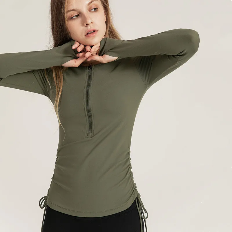 Половина молния тренажерный зал бег одежда Thumbholes длинный рукав Slim fit Йога футболка женская подол Cinch позволяет Тренировка Фитнес Футболка Топ