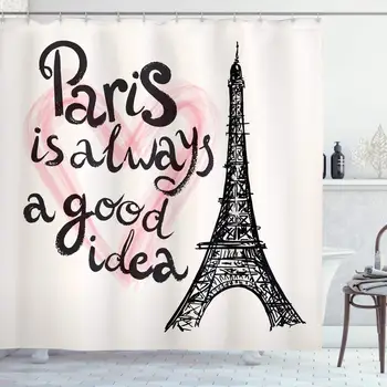 

Eiffel Tower Shower Curtain, Lettering in Heart Modern Europe Dream Tour Sketch Illustration, Cloth Fabric Bathroom Decor Set