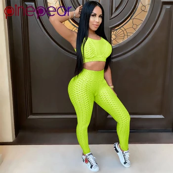 

PinePear Jacquard Wrinkled 2 Piece Sets Womens Outfits Mesh Crop Top Leggings Gym Clothing Fitness Workout Sport Suit Wholesale