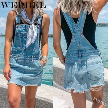 

WEPBEL Women Mini Dress Elegant Gentle All-match Summer Casual Pockets Patchwork Denim Strap Dress Clothing