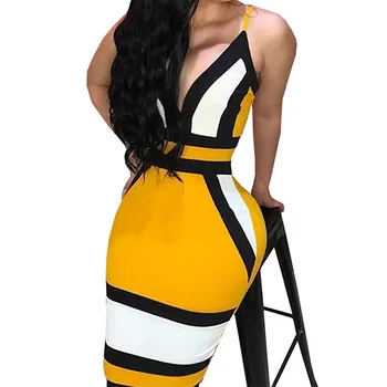 

Strip Camis Dress Women Sexy Geometric Figure Yellow Strap Bodycon Casual Deep V Neck Boho Resort High Waist Club Party Dress