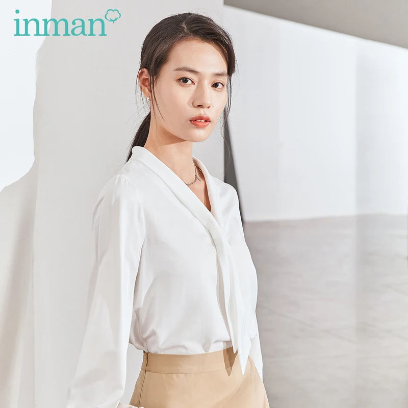 Najtaniej INMAN 2020 wiosna nowy nabytek artystyczne świeże styl prosty krawat V kołnierz ortopedyczny gładki materiał kobiety koszula bluzka
