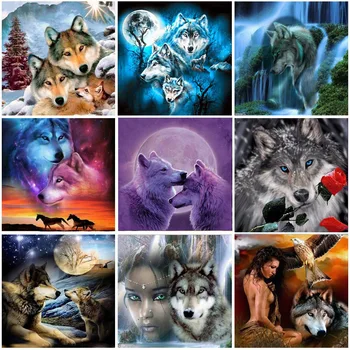 

DIY 5D Diamond Painting Wolf Girl Cross Stitch Full Round Drill Rhinestones Animal Diamond Embroidery Resin Wall Manual Art Gift