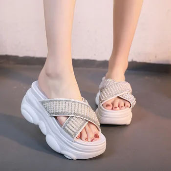 

Shoes Woman 2020 Woman's Slippers Women Heels String Bead Luxury Slides Platform New Soft High Summer Designer Flat PU Fashion