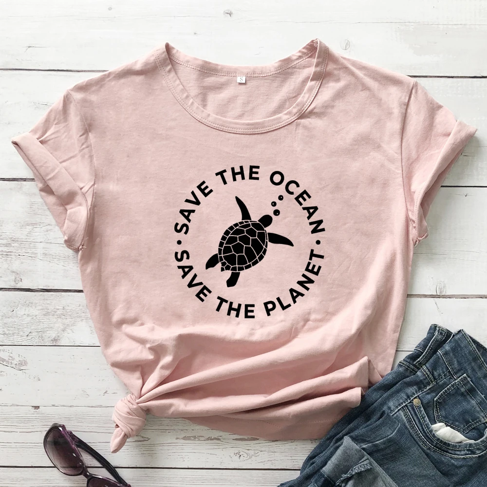 peach-black text Футболка с принтом в виде черепахи Save The океана Save The Planet стильная женская футболка с графическим принтом и эко-принтом летняя хлопковая Футболка с круглым вырезом и лозунг tumblr - Цвет: peach-black text