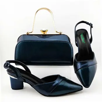

Office Ladies Ladies Shoes Matching Bag in Dark Blue Color Upscale Patent Leather African Shoes and Bag Set for Party D0529-2