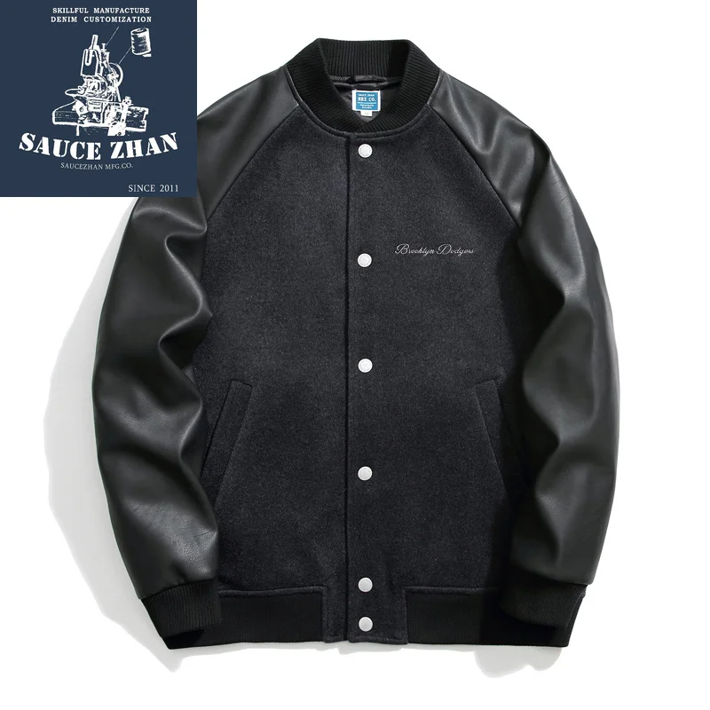 

SauceZhan US Brookly Dodgers Baseball Uniformt Winter Jacket Men Woolen Fabric Leather Jacket 680G Thick Soft Casual