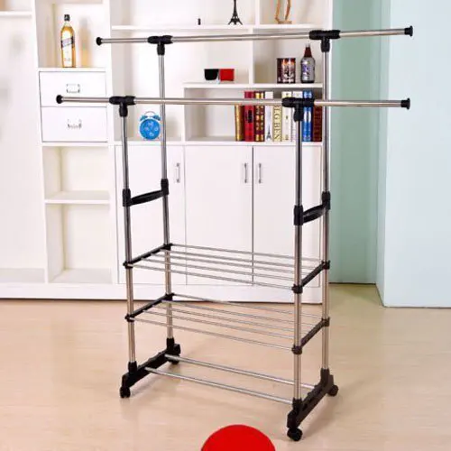  Portable Dual Bars Adjustable Double Pole Clothes Coat Garment Dryer Rack Rail Hanging Hanger Shoe 