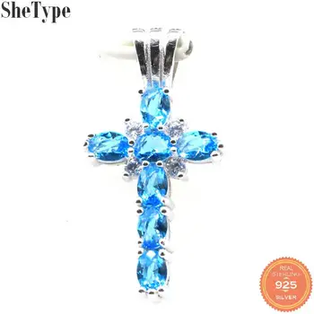 

28x14mm SheType Cross 2.2g Created Paris Blue Topaz Gift For Ladies Jewelry 925 Sterling Silver Pendant