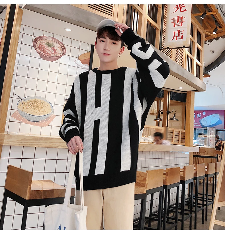 Winter Thicken Sweater Men Warm Fashion Letters Casual Knit Pullover Men Sweter Clothes Wild Loose Long-sleeved Sweater Man