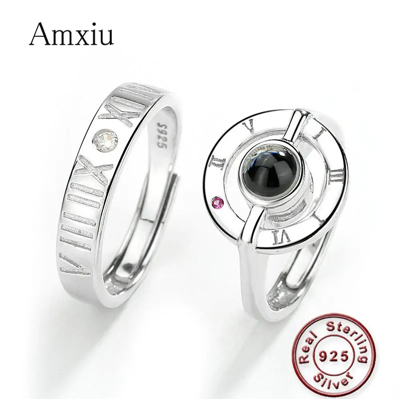 

Amxiu 2 Pieces 925 Sterling Silver Projection Couple Ring 100 languages I love you Roman Numerals Open Rings for Wedding Jewelry