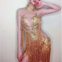 Блестящее Золотое Платье, стразы, кисточка, Прозрачное платье на день рождения, праздничный сетчатый наряд для женщин, певица, бар, DS, сценическое платье