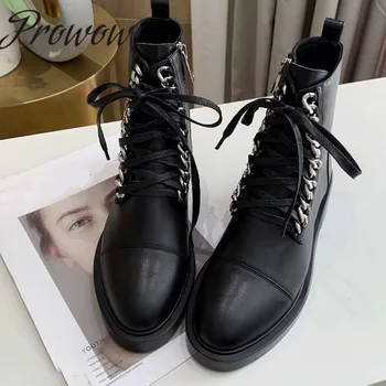 

Hot Genuine Leather Chain Deco Gladiator Lace Up Ankle Boots Round Toe Thick Heel Low Heel Autumn Winter Boots Luxury