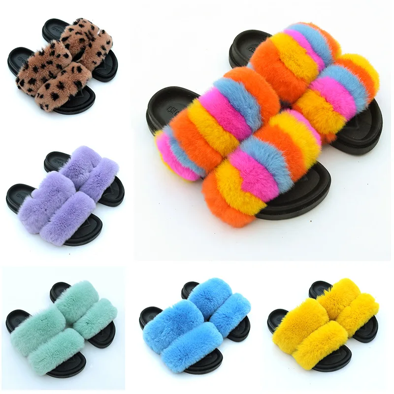 

HY-ZTMSTTX New Fashion 2021 Europe and America Plus Size 43 Leopard Print Fur Slippers Sandals Furry Slides for Women