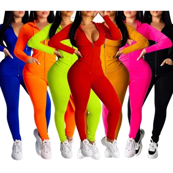 

Women 2 pieces Set Long Sleeve Hooded Stretch Zipper Deep V neck T-Shirts High waist Package Long Pants Leggings Tracksuit Set