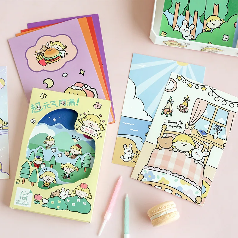 30 Pcs/Set Cartoon Animals and Girl Postcard Heteromorphism Scene Greeting Cards DIY Journal Decoration