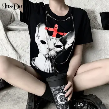 

InsDoit Harajuku Gothic Female Tshirt Print Loose Short Sleeve TShirts Grunge Punk Steetwear Casual O-Neck T-shirt With Chain
