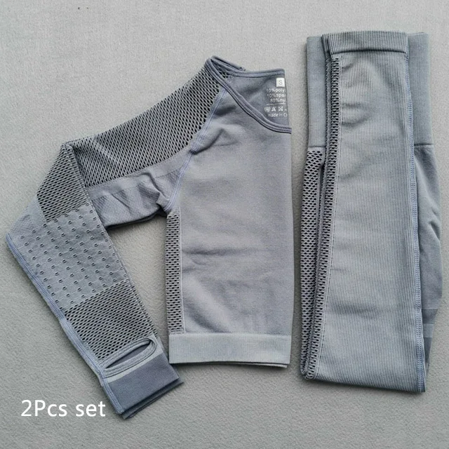 Gray blue 2Pcs Set Бесшовный комплект для йоги, тренировочная одежда для спортзала, женские открытые спортивные Леггинсы с высокой талией+ обрезанная рубашка с длинным рукавом, спортивная одежда для бега - Color: Gray blue 2Pcs Set
