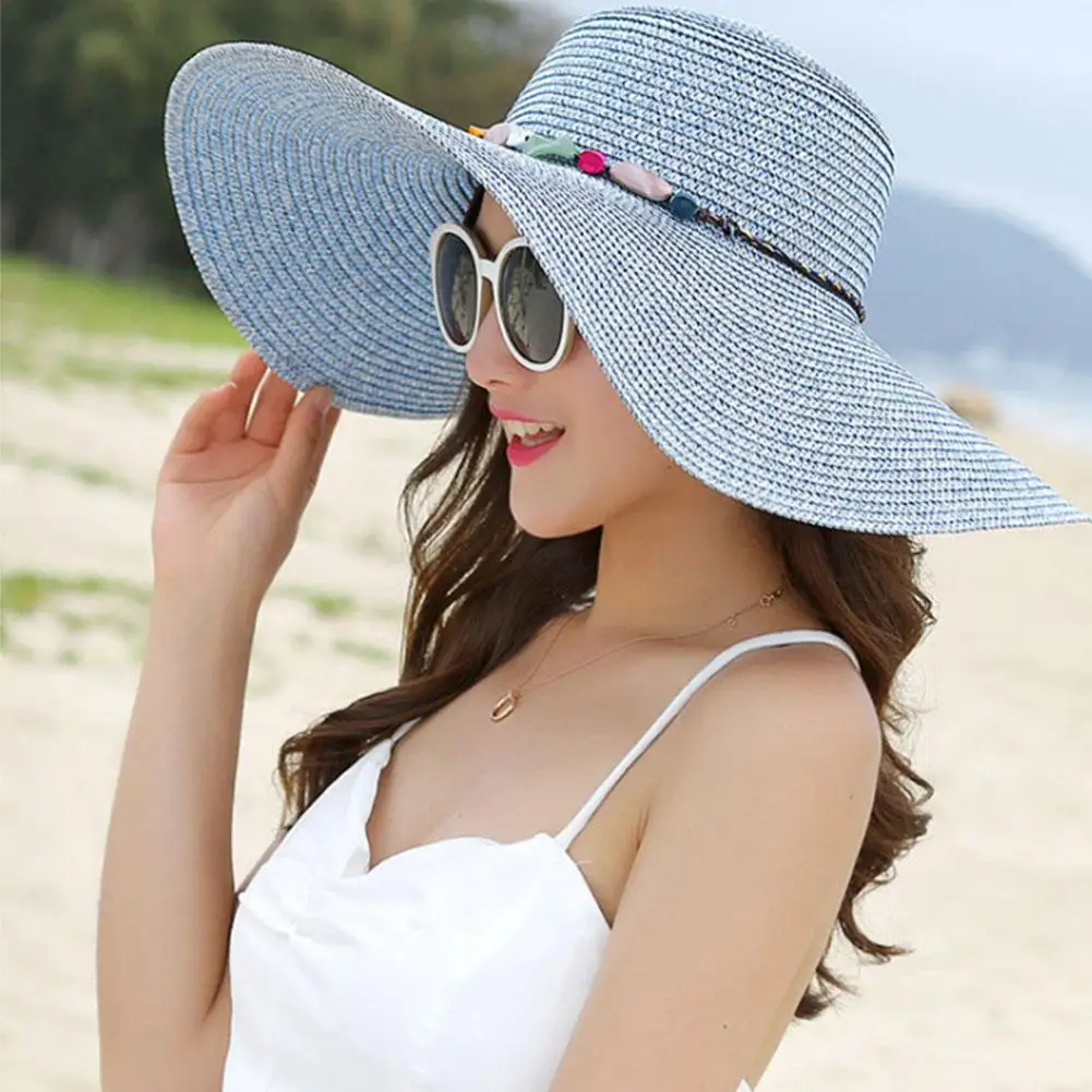 Kuulee Women High Quality Hat straw weaving Summer Beach Outdoor Sun Hat Large Eaves Sun Hat 80g